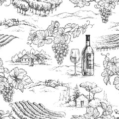 Wall Mural - Monochrome Seamless Pattern with Grapes  and Vineyards