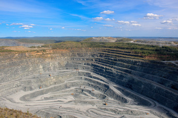 Wall Mural - Aerial view industrial of opencast mining quarry with lots of machinery at work