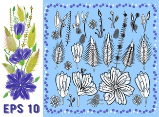  Floral Elements Set with Violet Daisy Type Flowers, Leaves and Buds. Vector Drawn Botanical Flora for Decoration, Wedding Invitation, Patterns.Vector illustration