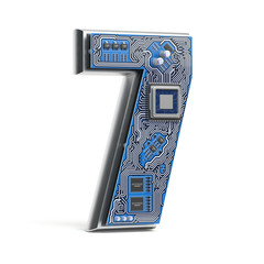 Poster - Number 7 seven, Alphabet in circuit board style. Digital hi-tech letter isolated on white.
