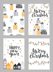 Wall Mural - Collection of christmas greeting cards with hand lettering and hand drawn winter holiday and christmas elements and floral arrangement