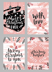 Wall Mural - Collection of christmas greeting cards with hand lettering and hand drawn winter holiday and christmas elements and floral arrangement