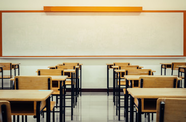 Wall Mural - back to school concept. school empty classroom, lecture room with desks and chairs iron wood for stu