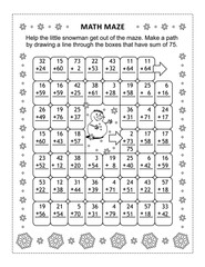 math maze with addition facts: help the little snowman get out of the maze. make a path by drawing a