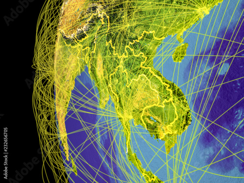 Foto Indochina from space on planet Earth with lines representing global communication, travel, connections