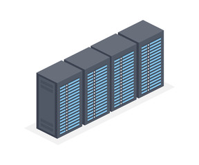 Sticker - Data centre with server racks isometric 3D icon. Internet network equipment, cloud database sign