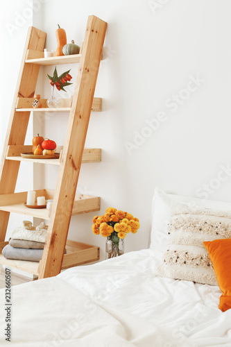 Home Decor Cozy Fall Bedroom Interior White Wall Bed With