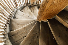 Old Retro Wooden Spiral Staircase In The Ancient Bell Tower Of The Orthodox Church In Russia. Vologda