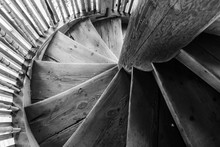 Old Retro Wooden Spiral Staircase In The Ancient Bell Tower Of The Orthodox Church In Russia. Vologda