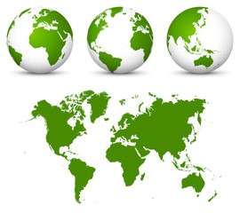 Wall Mural - green 3d vector world - globe collection and undistorted 2d earth map in green color.