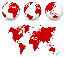 Wall Mural - ed 3d globe - world vector icon templates with flat undistorted 2d earth map in red color.