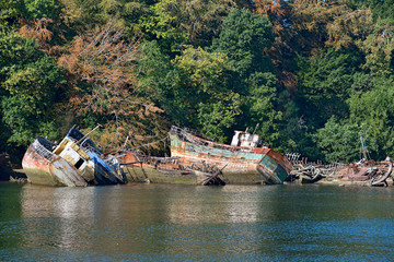 Shipwrecks in the port Rhu at Douarnenez, a commune in the Finistère department of Brittany in north-western France.