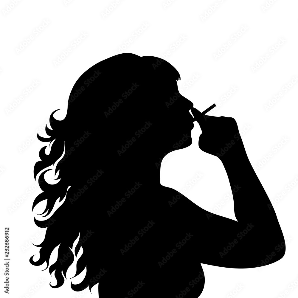Vector silhouette of face of woman in profile smoking a cigarette. Stock  Vector