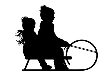 Wall Mural - Vector silhouette of friends who sledding on snow toboggan.