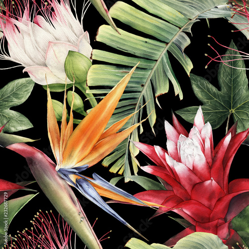 Tapeta ścienna na wymiar Seamless floral pattern with tropical flowers, watercolor.