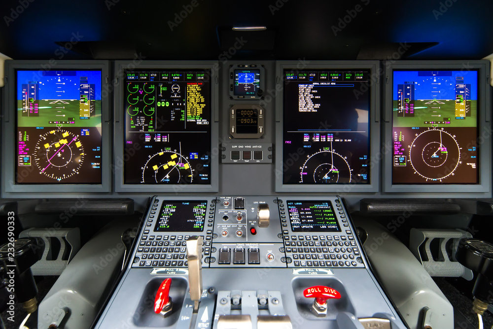 Closeup high detailed view on engine power control and other aircraft control unit in the cockpit of modern civil passenger airplane - obrazy, fototapety, plakaty 