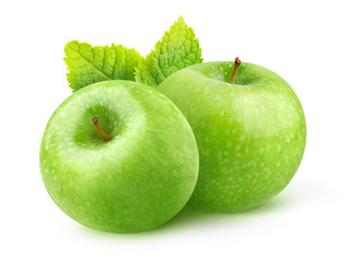 Fototapete - Isolated apple. Two green Granny Smith apples and leaf of mint isolated on white background with clipping path