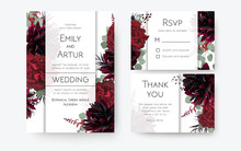 Wedding Invite, Invitation Card, Rsvp, Thank You Cards Floral Design. Vintage Red Rose Flowers, Burgundy Dahlia, Eucalyptus Silver Greenery Branches, Berries Decoration. Bohemian Boho Chic Stylish Set