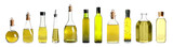 Set with bottles of oil on white background