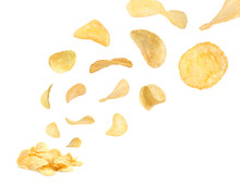 Tasty Potato Chips Falling On White Background