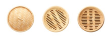 Set With Bamboo Steamer On White Background, Top View