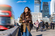 Attraktive Touristin in London auf Sightseeing Tour mit einem Reiseführer in der Hand