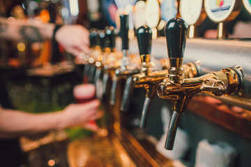 Barman hands pouring a lager beer in a glass.