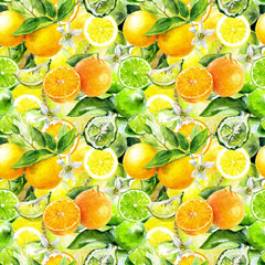 Canvas Print - Citrus fruits hand draw seamless watercolor fabric pattern.