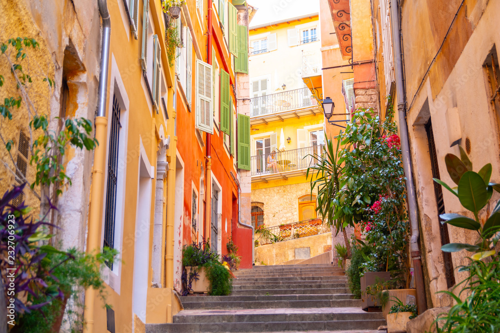 colorful buildings in Nice on french riviera, cote d'azur, southern France - obrazy, fototapety, plakaty 