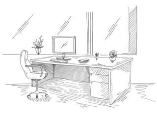 Fototapete - Hand drawn workplace behind the monitors. Working table with monitors, office chair. Vector illustration of a sketch style