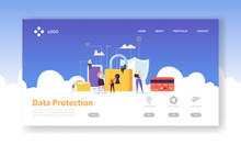 Network Security Landing Page. Data Protection Banner With Flat People Characters And Digital Data Secure Website Template. Easy Edit And Customize. Vector Illustration
