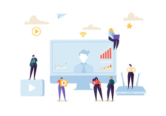 Poster - Teleconference Online Communication Concept. Business People at the Video Conference Webinar. Characters on Data Analysis Call Meeting. Vector illustration