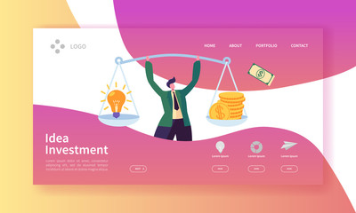 Poster - innovation investment landing page. invest in idea banner with flat man character and weights with m