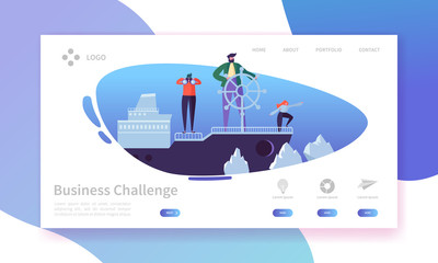 Poster - Business Challenge Landing Page. Banner with Flat People Characters on the Ship in Dangerous Water Website Template. Easy Edit and Customize. Vector illustration