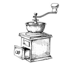 Retro Manual Coffee Grinder Or Mill Sketch In Vintage Style.