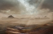 Fantasy desert landscape with sandy storm and strom clouds