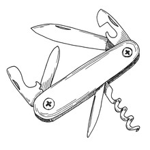 Sketch Of A Pocketknife. Vector Illustration. Isolated On White Background.