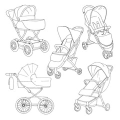 Wall Mural - Sketch of a baby stroller and stroller for walks. Vector illustration