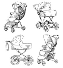 Wall Mural - Sketch of a baby stroller and stroller for walks. Vector illustration