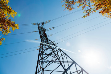 Wall Mural - High voltage electricity pylon and transmission power line on the blue sky and white clouds on the background. Parts of electrical equipment and high voltage power line insulators.