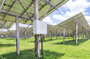 Poster - Row of back side view photovoltaics solar panels in solar power station  alternative energy from the sun