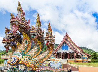 Colorful head of king naga thai dragon statues at Wat Pa Huay Lad public temple landmark of Phu Ruea, Loei, Thailand