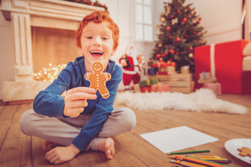 Wall Mural - Delicious snack. Pleasant upbeat red-haired boy sitting cross-legged on the floor in the living room on Christmas Eve and showing a gingerbread man before drawing it