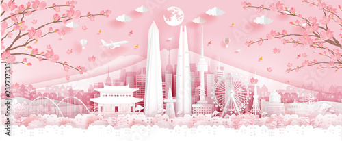 Cuadros en Lienzo Panorama travel postcard, poster, tour advertising of world famous landmarks of Korea, autumn season with falling flowers in paper cut style