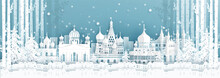 Panorama Postcard And Travel Poster Of World Famous Landmarks Of Russia In Winter Season In Paper Cut Style Vector Illustration