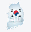 South Korea flag with map and famous landmarks in paper cut style vector illustration.