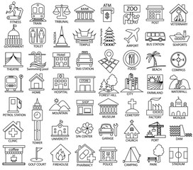  place map symbol icon set, vector outline