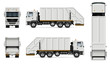 Realistic white garbage truck vector mockup. Isolated template of dump lorry on white background for vehicle branding, corporate identity. View from right side, easy to editing and recolor.