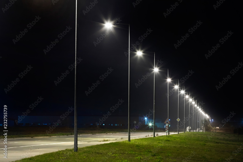 night empty road with modern LED street lights - obrazy, fototapety, plakaty 