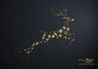 gold snowflake and decoration look like reindeer on black background,merry christmas ,happy new year.